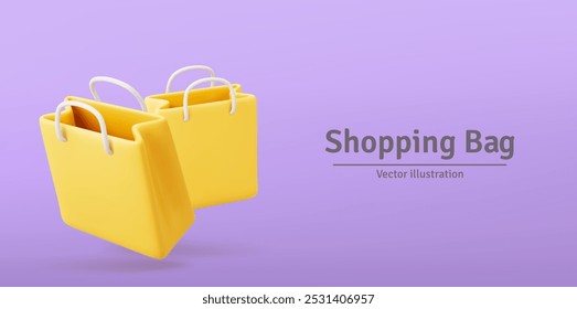 3d Vector Yellow Paper Shopping Bag, Shopping Online Concept.