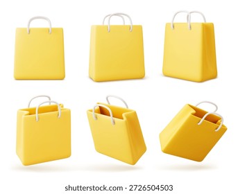 Bolso de compras de papel amarillo del Vector 3d, concepto de compras en línea.