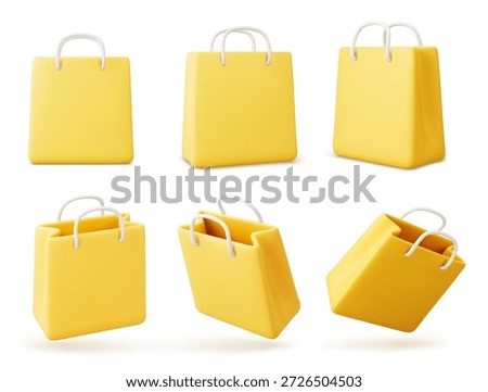 3d Vector Yellow Paper Shopping Bag, Shopping Online Concept.