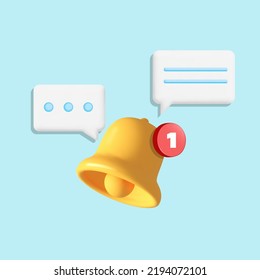 3d vector yellow ring notification bell symbol with popup speech bubble design. 3d realistic render of bell reminder with new message, alert notice icon isolates on white background. subscribe concept