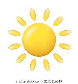 3d Vector yellow sun with rays. Cartoon minimalistic illustration. Summer Solar object isolated on white background. 