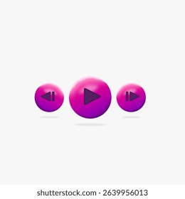 3D vectorized Play, Next and Back icon buttons in modern style.