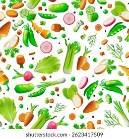 3D Vegetable Illustration. Seamless wallpaper design with carrot, radish, cucumber, spinach and greens. For autumn menus, vegetarianism, healthy food or culinary backgrounds. Textiles.
