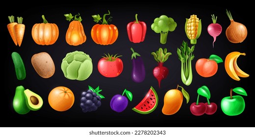 3D vegetables fruit icon set, vector game farm nature food kit, healthy cooking harvest collection. Green garden natural product, juicy apple, tomato, cherry, pumpkin, pepper. Fruit vegetables vitamin