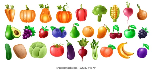 3D vegetables fruit icon set, game farm nature food kit, healthy cooking harvest vector collection. Green garden natural product, juicy apple, tomato, cherry, pumpkin, pepper. Fruit vegetables vitamin