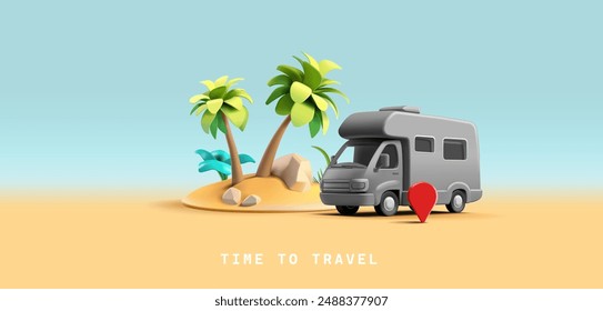 3D Vehículo camper, palmeras, icono de navegación, playa. Anuncio para conceptos de vacaciones de verano, turismo, viajes por carretera oceánica, destinos. Vector