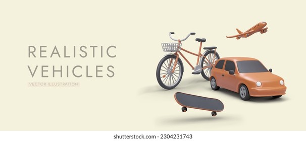 3D vehicles for traveling over different distances. Ground and air models of machines. Personal and public vehicles. Tours and trips of various types. Template for travel agency, car, bicycle rental