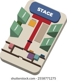 3D venue layout illustration featuring a stage, seating zones, pathways, and structures, offering a clear visual overview of the venue's organization and layout design.