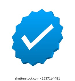 3D Ícone do emblema verificado, emblema do perfil Logotipo do ícone de verificação da conta. Ícone de rótulo de verificação de conta de mídia social. Marca de seleção ícone azul cor. Círculo redondo serrilhado aresta Vetor de tique