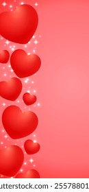 3d vertical background with volumetric hearts and shining glitter. Valentine's Day banner template. Vector.