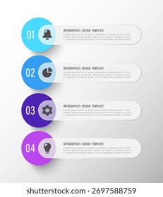 Plantilla de infografía de Vertical 3D con Elementos redondos translúcidos, íconos de negocios y espacio para datos