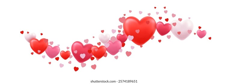 3d vibrant arrangement of red, pink, and white hearts in varying sizes floating on a white background. Happy Mother s Day. Gift card, love party. 3d rendering. Vector illustration