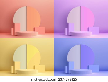3D vibrant color podium with circle backdrop and geometric elements is a modern and minimalist design perfect for product display. Vector illustration