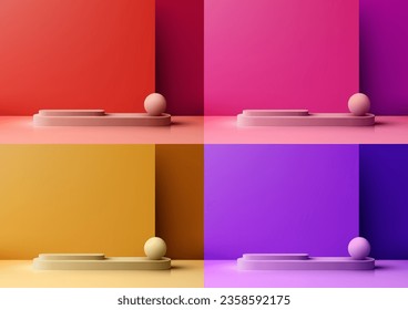 3D vibrant colros podium steps stand and a decorative ball. This vector illustration showcases a modern design, perfect for presentations, product displays, and mockups.