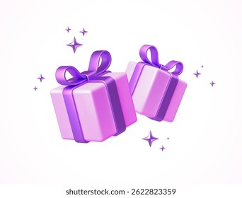 3d Vibrant Pink Gift Boxes with Purple Ribbons, bow and Sparkling Stars – Festive Vector Art