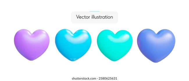 3D vibrant set of hearts in purple, blue, and cyan tones.