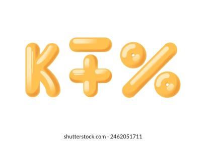 3d Vibrant Yellow Characters Including The Letter K, Plus Sign, Hyphen Or Minus, And Percent Sign On White Background