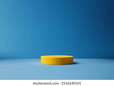 3D Vibrant Yellow Podium Against Calming Blue Background, Modern Product Display Mockup for Artwork Showcase, Abstract Design with Elegant and Trendy Style