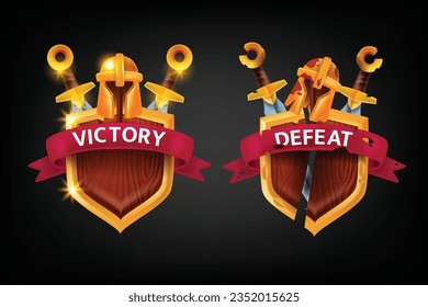 3D victory defeat game badge vector UI wooden shield award, medieval RPG success screen, sword. Knight helmet, red award ribbon, battle lose concept, congratulations icon. Victory defeat clipart kit