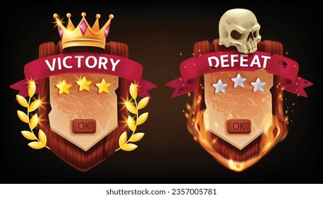 3D victory defeat game badge wooden shield award, vector medieval RPG UI success screen, sword. Golden coin, crown, skull red award ribbon, battle lose fire sparkle concept. Victory defeat clipart kit