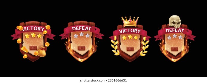 3D victory defeat game badge award wooden shield, vector medieval RPG UI success screen, sword. Golden coin, crown, skull red award ribbon, battle lose fire sparkle concept. Victory defeat clipart kit