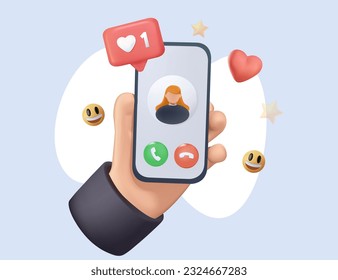 3D Video call concept. Video call with loved one. Male hand holding smartphone with girlfriend on screen. Finger touch screen. Vector 3D cartoon illustration for web sites and banners design