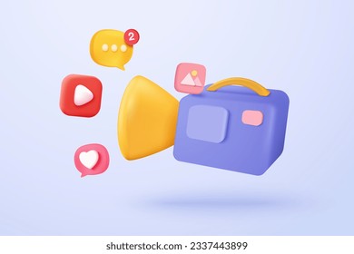 3d video camera icon isolated  with lens and button on pastel background. Realistic film movie icon, play button for streaming multimedia concept. 3d cinema record icon vector render illustration