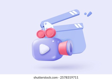 3d video camera icon isolated  with lens and button on pastel background. Realistic film movie icon, play button for streaming multimedia concept. 3d cinema record icon vector render illustration