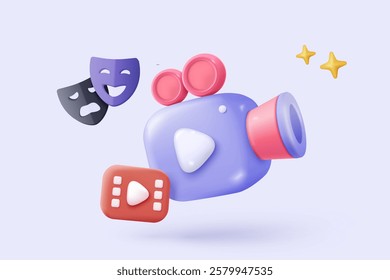 3d video camera icon isolated  with lens and button on pastel background. Realistic film movie icon, play button for streaming multimedia concept. 3d cinema record icon vector render illustration