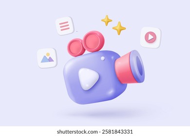 3d video camera icon isolated  with lens and button on pastel background. Realistic film movie icon, play button for streaming multimedia concept. 3d cinema record icon vector render illustration