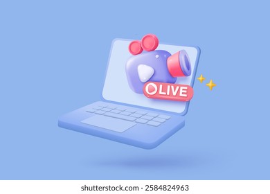 3d video camera icon isolated  with lens and button with laptop. Realistic film movie icon, play button for streaming multimedia concept. 3d cinema record icon vector render illustration