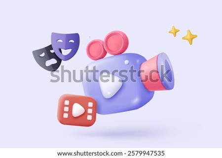 3d video camera icon isolated  with lens and button on pastel background. Realistic film movie icon, play button for streaming multimedia concept. 3d cinema record icon vector render illustration