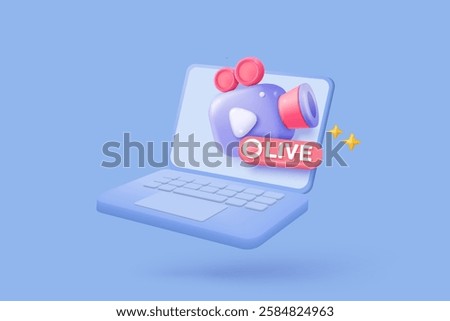 3d video camera icon isolated  with lens and button with laptop. Realistic film movie icon, play button for streaming multimedia concept. 3d cinema record icon vector render illustration