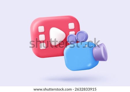 3d video camera icon isolated  with lens and button on pastel background. Realistic film movie icon, play button for streaming multimedia concept. 3d cinema record icon vector render illustration