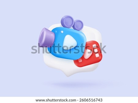 3d video camera simplicity icon signs with lens and button for theater. Realistic film movie icon, play button for streaming multimedia concepts. 3d movie cinema record icon vector render illustration