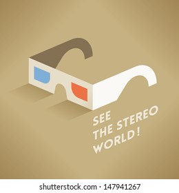 3d video cinema glasses with text See the stereo world! Concepts: three dimensional movies, virtual reality, films. Abstract vector illustration.