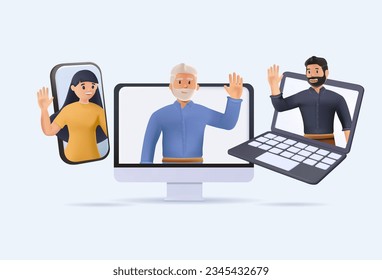 3D Video conference landing page. Different gadgets for online meetings. Woman and man waving from desktop computer, laptop and tablet. Technology for remote communication vector website 3D render