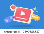 3D video content with a play button, camera, likes, comments, and stars. video streaming, social media engagement, online content creation, illustration vector