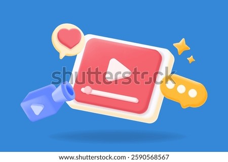 3D video content with a play button, camera, likes, comments, and stars. video streaming, social media engagement, online content creation, illustration vector