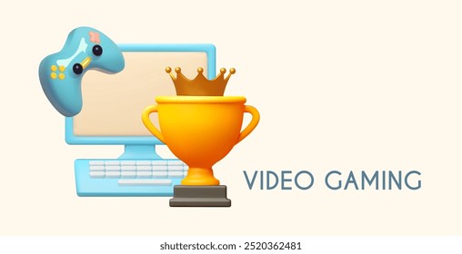 3D video games concept. Gamepad, PC, crown and win cup. Virtual game