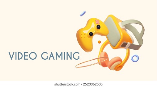 conceito de videogames 3D. Gamepad, fones de ouvido e óculos de realidade virtual. Jogo virtual