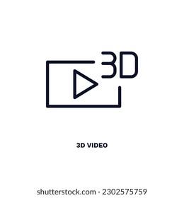 Icono de vídeo 3d. Icono de video de línea delgada 3d de cine y colección de teatro. Vector de contorno aislado en fondo blanco. El símbolo de vídeo 3d editable se puede usar en la web y en el móvil
