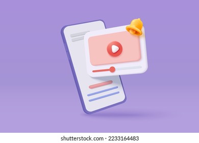 3d video live streaming and bell alert notification on mobile phone. Social media online playing video for make money passive income 3d concept. 3d mobile video live icon vector render illustration