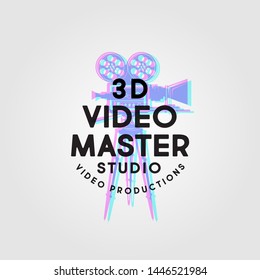 3D Video Master logo. Video production studio emblem. Glitch of Symbol of camera with letters. Stereo film symbol.