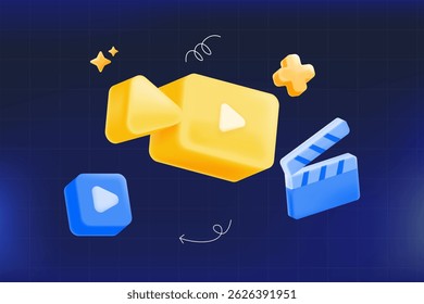 Ícones de reprodução de vídeo 3D e clapperboard. mídia, criação de conteúdo, miniaturas do YouTube, marketing de vídeo ou plataforma de streaming digital. ilustração vetorial