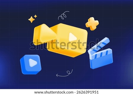 3D video play icons and clapperboard. media, content creation, YouTube thumbnails, video marketing, or digital streaming platform. vector illustration