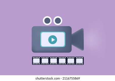 3d video record. Film recording interface frame. Video filming or blog editing, digital reproduction. Сamera with footage on tape. Installation, snapshot, focus adjustment for photography. Vector 