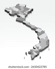 3D  Vietnam map with all provinces in gray. Three dimensional map Vietnam with shadow  on white background for your design, app, UI.  EPS10.