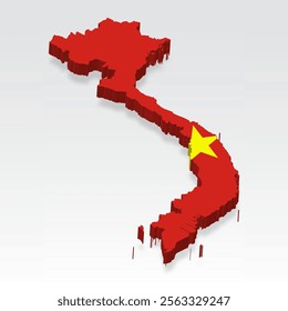 3D  Vietnam map with flag. Three dimensional map of Vietnam with shadow. Flag of Socialist Republic of Vietnam on white background for your design, app, UI.  Stock vector. EPS10. 