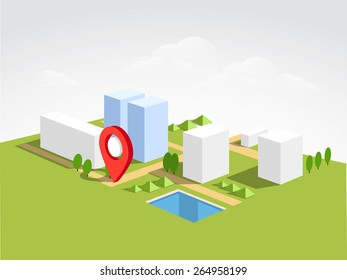 3D view of a city map with red pointer on nature background.